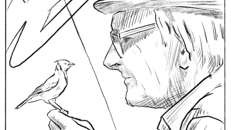 Ilustração de Lutzemberger segurando um passarinho